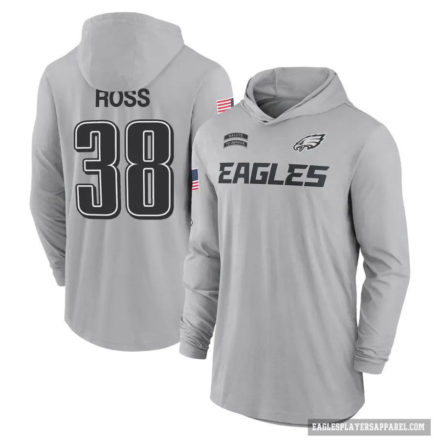 Men's ＃38 John Ross Philadelphia Eagles Gray 2024 Salute to Service Lightweight Performance Long Sleeve Hooded T-Shirt