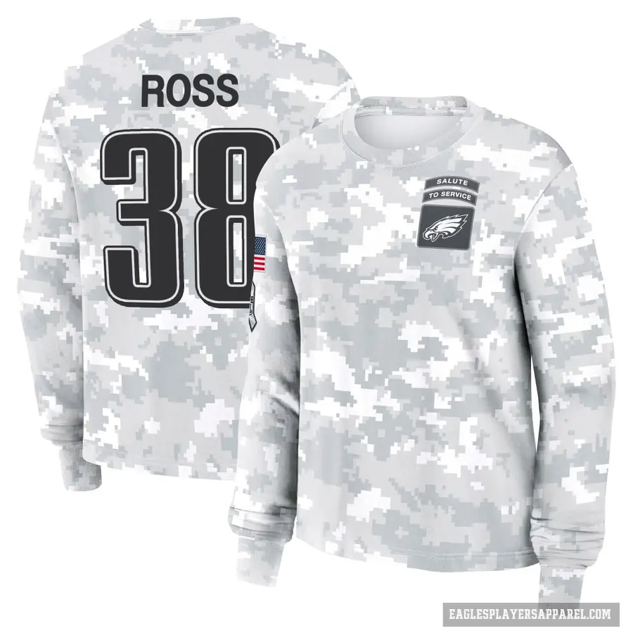 Women's ＃38 John Ross Philadelphia Eagles Camo Arctic 2024 Salute to Service Long Sleeve T-Shirt