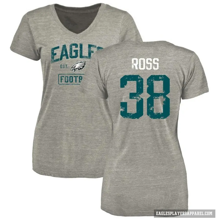 Women's ＃38 John Ross Philadelphia Eagles Gray Heather Distressed V-Neck T-Shirt